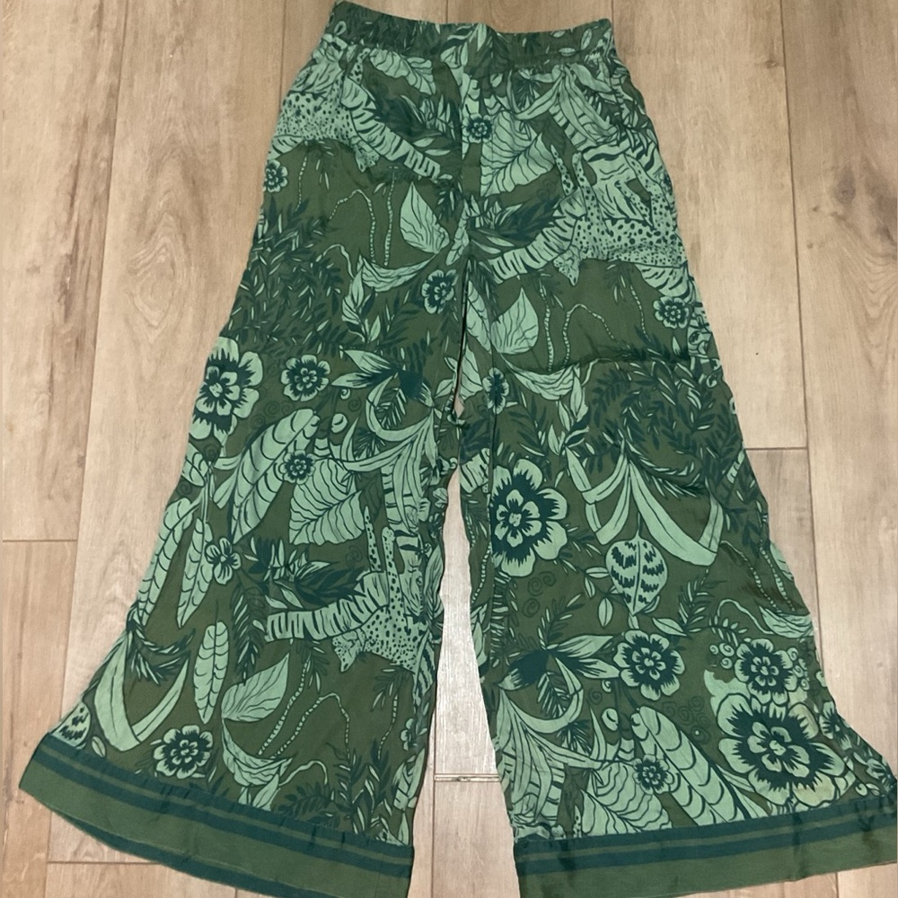 Farm Rio x Anthropologie Black and Green Print Wide-Leg Cut Pants Size Small - Picture 3 of 16